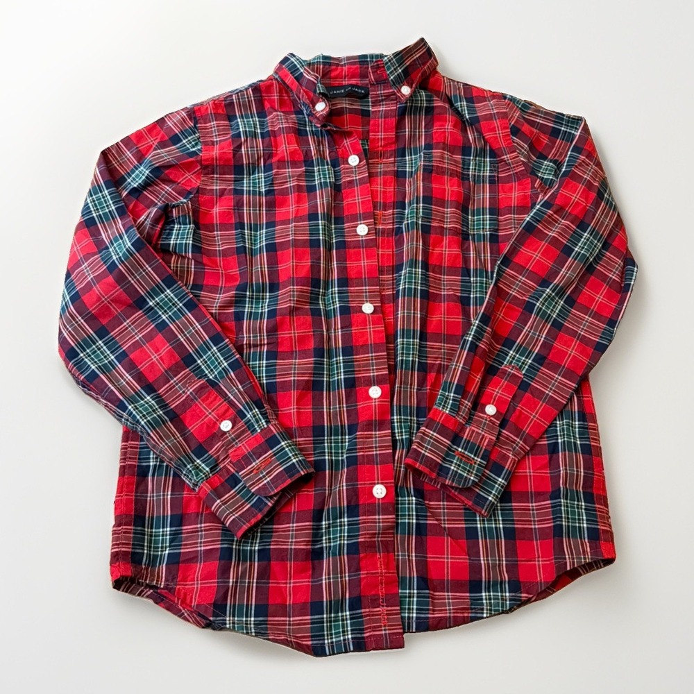 Janie and Jack Boys 7 Red Green Plaid Holiday Long Sleeve Button Down Shirt EUC